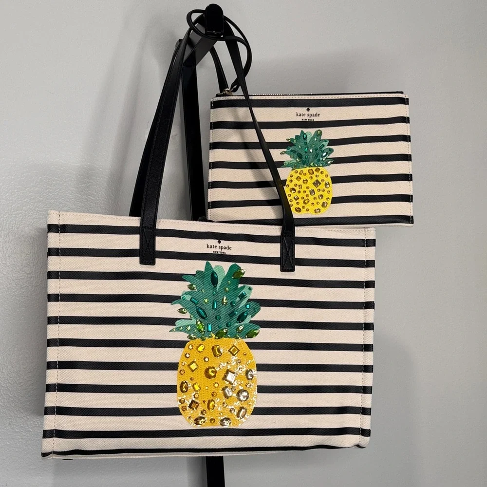 Kate Spade New York By The Pool Pineapple Embellished Canvas Tote and Wristlet